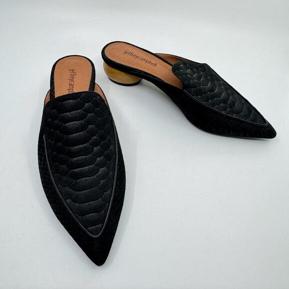 JEFFREY CAMPBELL Vionit Pointed Toe Leather Snakeskin Wood Heel Mule Loafers - Picture 1 of 9